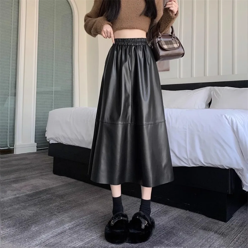 

Fashion High Waist Simplicity Leather Skirts Classic Pleated Long Skirt Dress Black PU A-line Skirt Casual