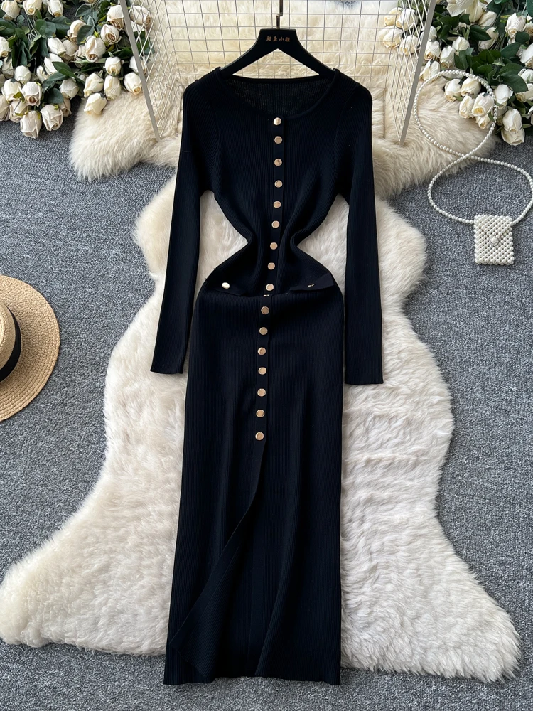 Slim Fit Long Sve Knitted Wrap Dr High Waist round Ne Single Button French Sle Ci Commute Dr Women's Faion