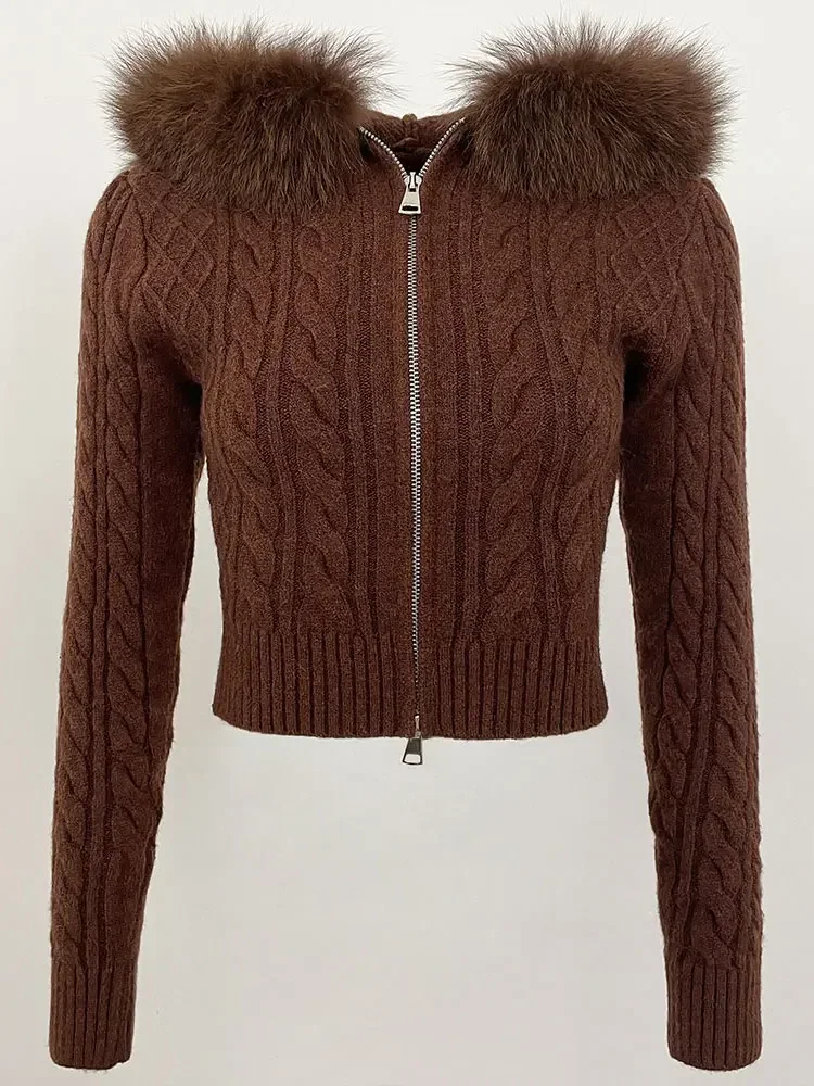 

CXFS 2025 весенне-осенний модный короткий повседневный свитер с капюшоном из сращенного лисьего меха, куртка из натурального меха, женский тонкий эластичный свитер