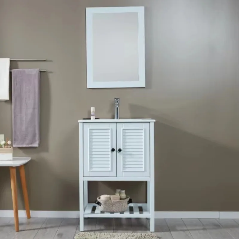 Single Sink Farmhouse Bathroom Vanity Set in Classic Blue With 2Door Plastic Shutter Door Bathroom Vanity Cabinets