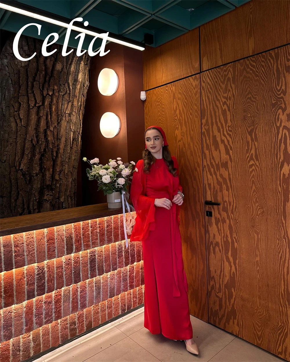 Customized Simple Red Jersey Prom Dress High Quality O-Neck Long Sleeves Evening Dress Exquisite Luxury Homecoming Dresses