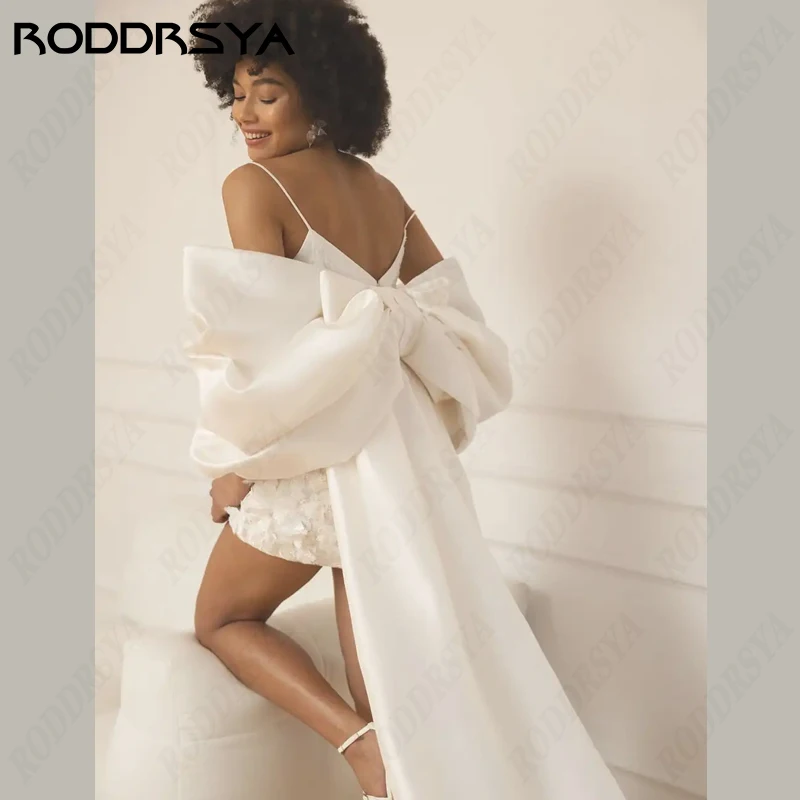 RODDRSYA-Mini Robe de Mariée de Plage, Col en V, Bretelles Spaghetti, Fleurs 3D, Dentelle Sirène, Nministériels d Parfait, Grande Taille-Mini Robe de Mariée de Plage, Col en V, Bretelles Spaghetti, Fleurs 3D, Dentelle