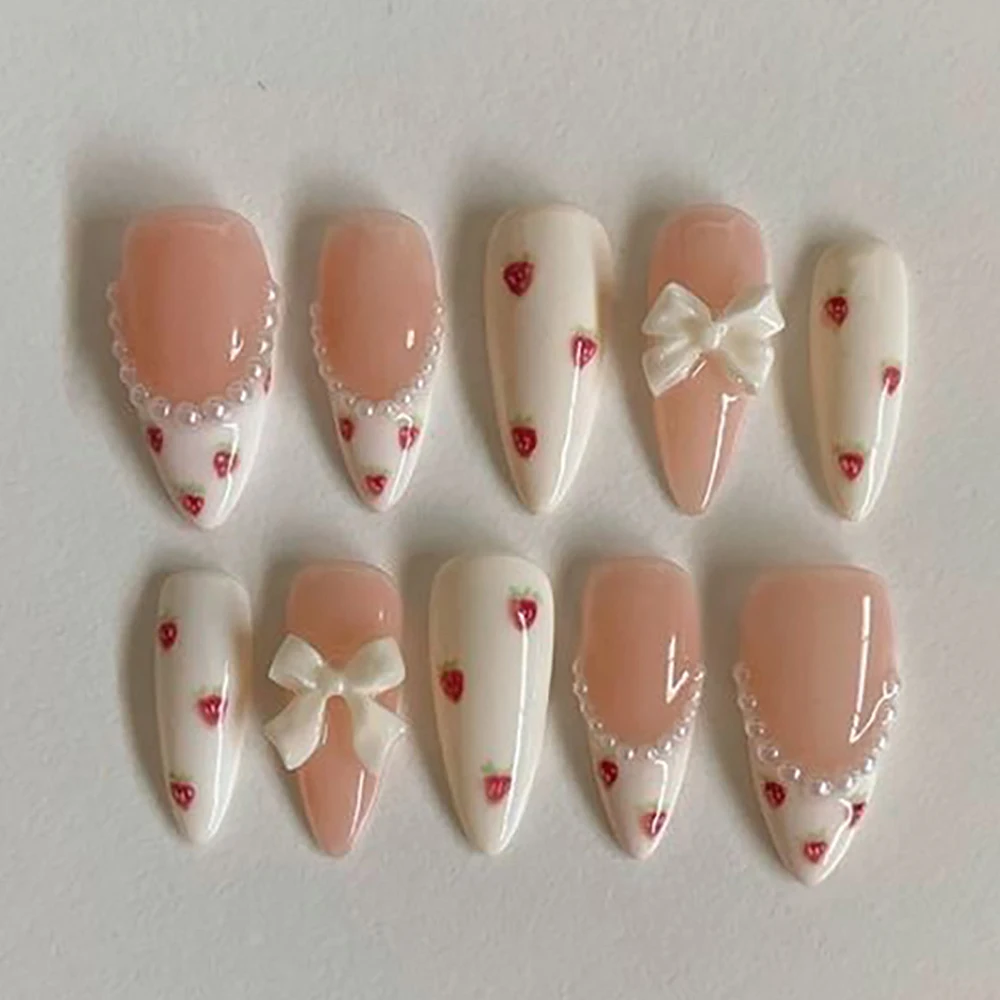 

French Bow Nude Pink Fake Nails Party Sticker Strawberry Pearl White Cream Sweet Long Almond Press On Nails Art Birthday Gift