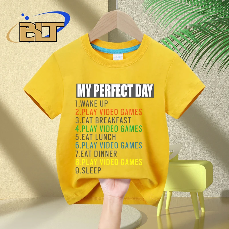 Camiseta impressa My Perfect Day para meninos e meninas, algodão puro infantil, tops casuais de manga curta, presentes de verão