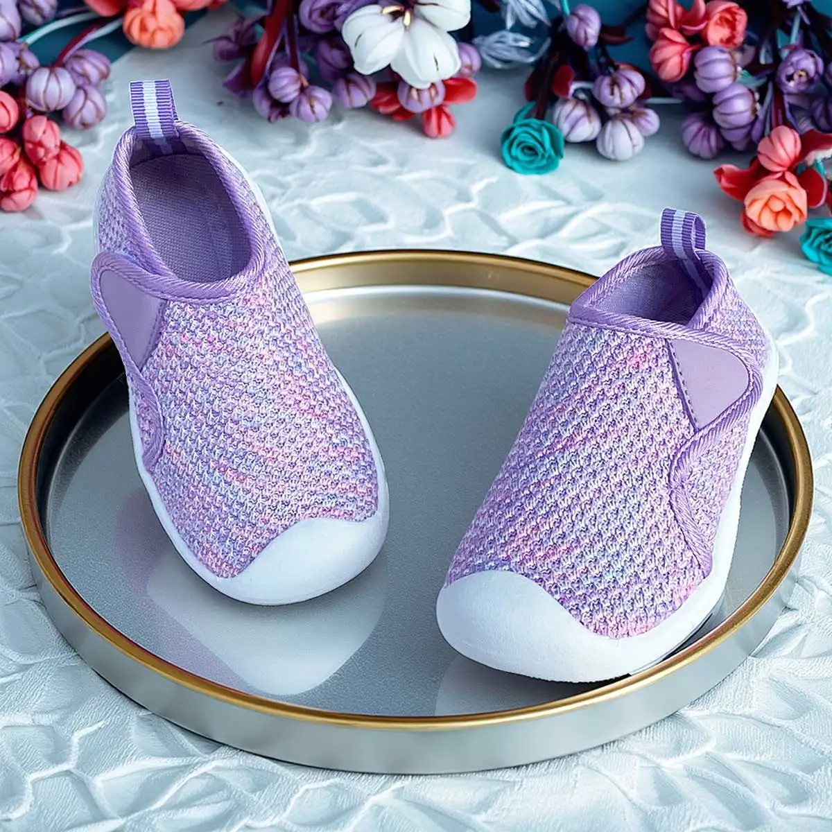 Girls' Light Purple Knitted Toddler Shoes, Non-Slip Rubber Sole, Velcro Strap, Covered Toe, Lightweight Casual Sports Shoes
