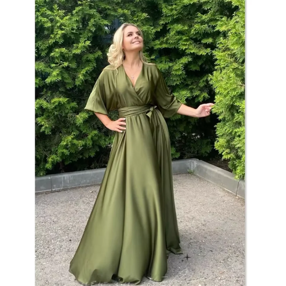 

Elegant Simple Luxury Green Satin Women Prom Party Dress V-Neck Floor Length Bow Belt Split Pretty Robes Bal De Promo فساتين سهر