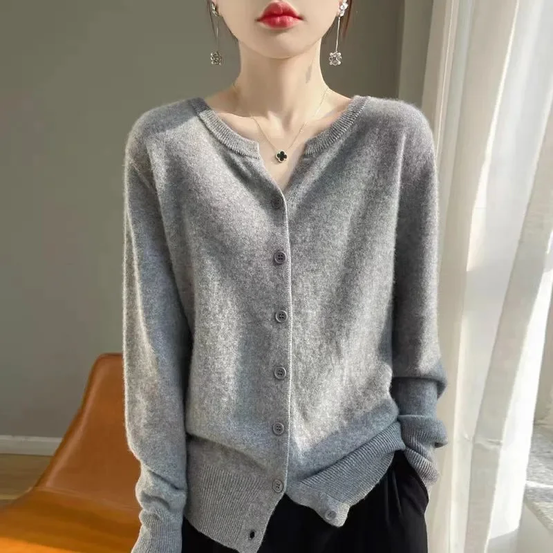 

Women O-Neck Cashmere Cardigan 100% Merino Wool Sweater Basic Style Buttoned Knitwear Female Casual Autumn Winter Soft Tops