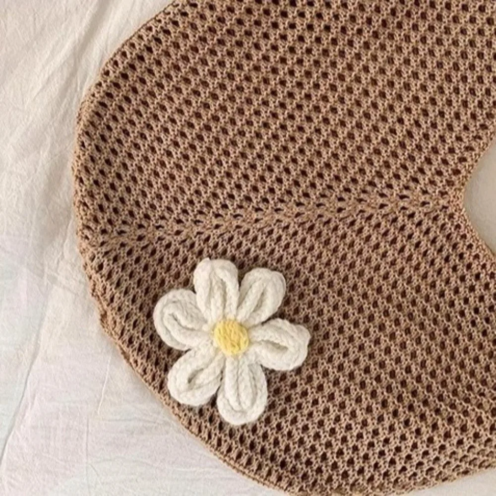Solid Color Knitting Shoulder Bag Large Capacity Flower Bohemian Crochet Tote Bag Hollow Out Versatile Casual Woven Handbag