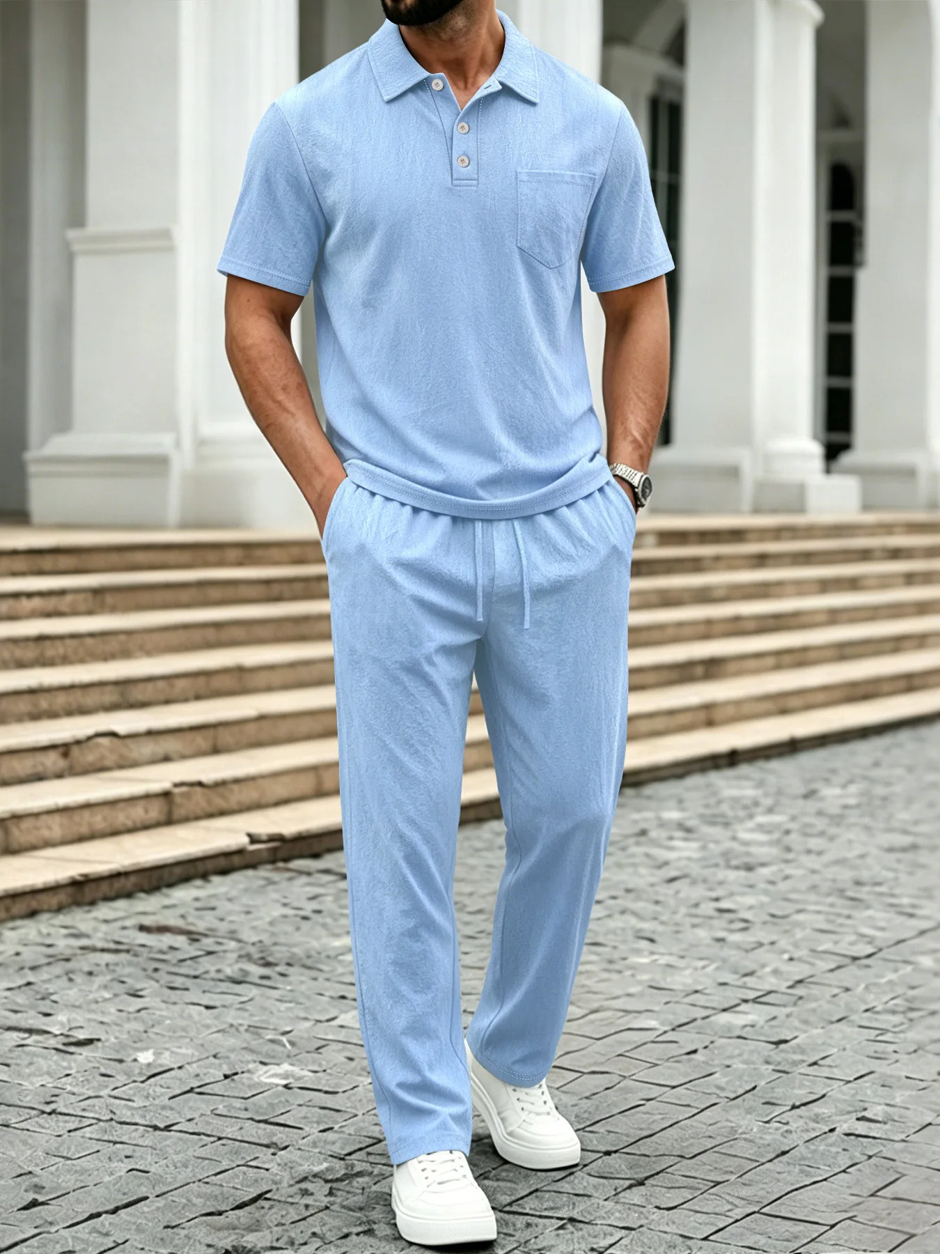 Casual Linen Short Sleeve  Shirt with Pocket And Straight Leg Pants Men's Summer Fashion Outfit Breathable Quick Dry Anti UV