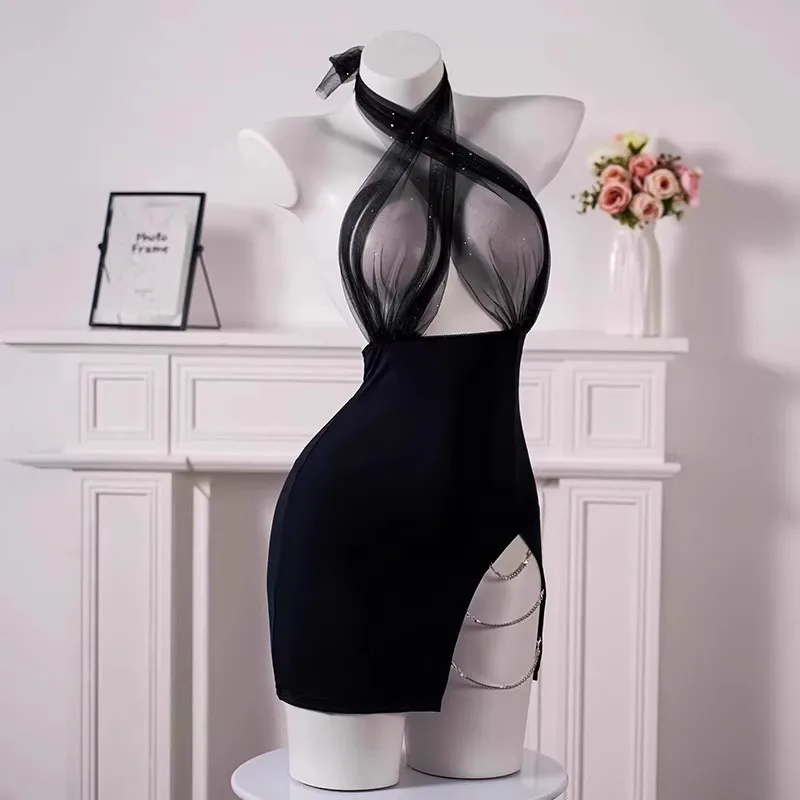 

Large Size Sexy Lingerie Sexy Lace Crossing Strap Skirt Mesh V-Neck Nightgown Uniform Women Summer Black Sexy Nightdress