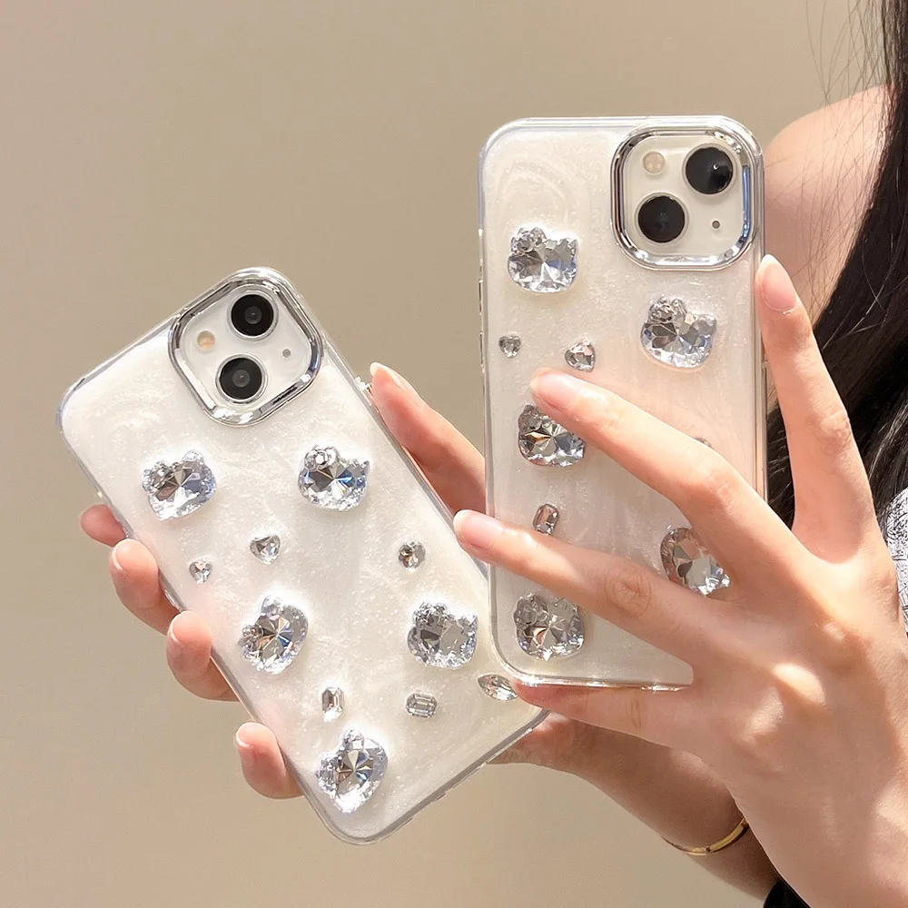 Casing bening hati kucing kartun berlian berkilau lucu Korea untuk iPhone 15 14 13 12 11pro Max penutup lunak pelindung lensa cinta berlian imitasi
