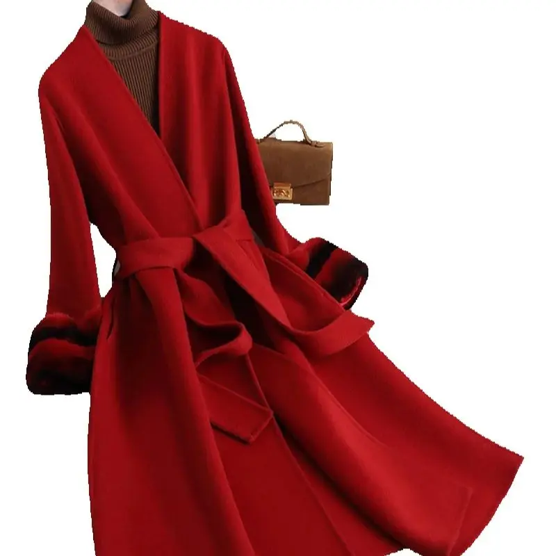 Double-sided cashmere coat for women, mid-length, 2025 autumn/winter new style, with rabbit fur cuffs, a high-end woolen coat