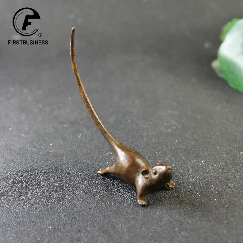 Long Tail Mouse Miniature Figurine Chinese Style Tea Pet Vintage Pure Copper Rat Ornament Desk Craft Home Decoration Accessories