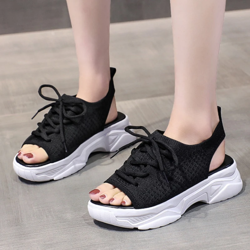 Shoes for Women 2024 Hot Sale Lace Up Women's Sandals Summer Open Toe Breathable Mesh Solid Platform Casual Comfortable Sandals