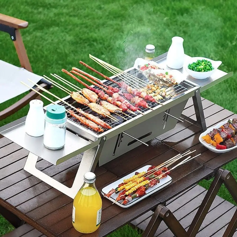 Portable Stainless Steel Folding Barbecue Stove Adjustable Heat Setting Rust-proof Grill Rack Extendable Barbecue Shelf Outdoor
