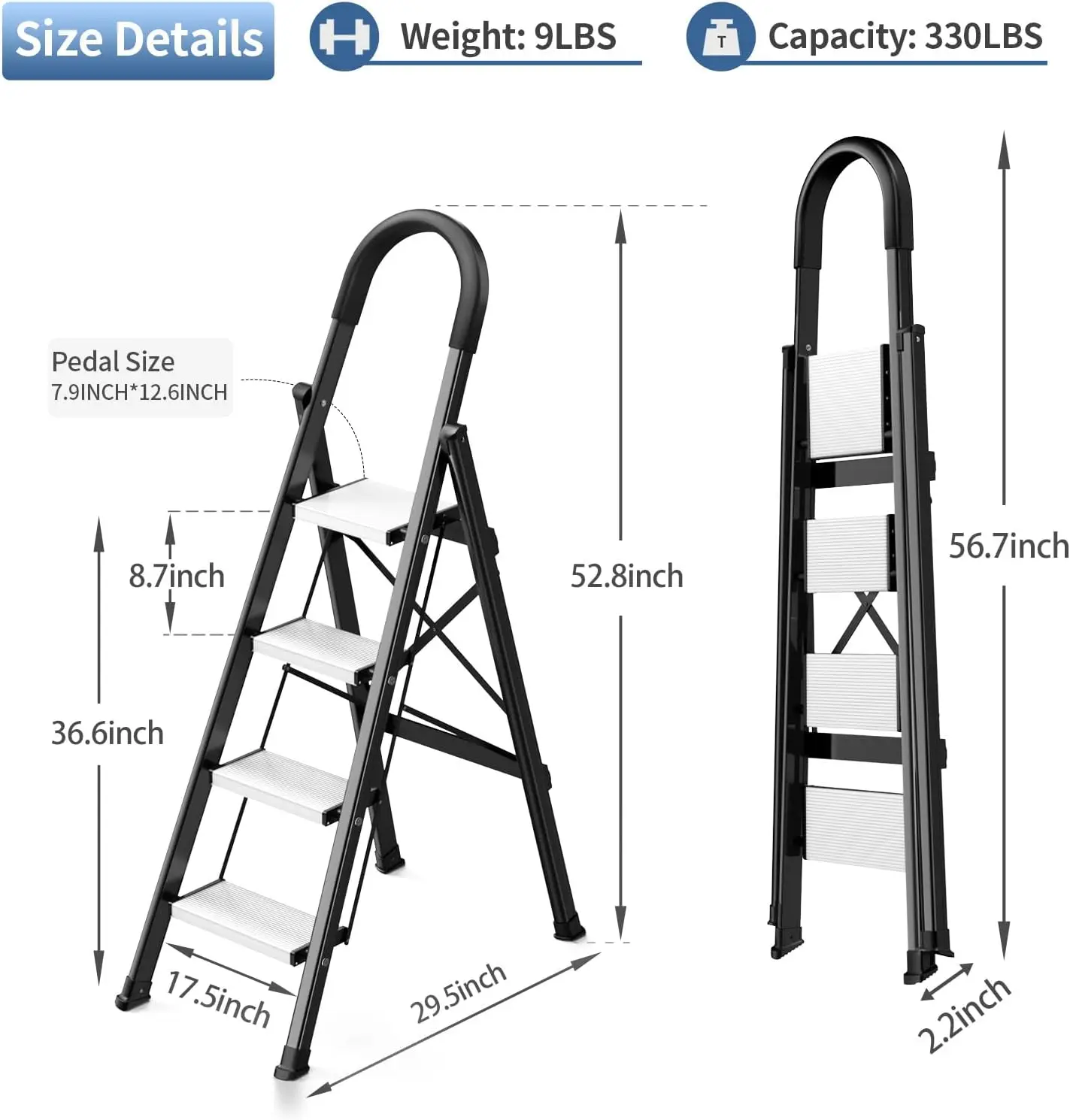 Stepladders with Anti-Slip Sturdy Wide Pedal 330lbs Capacity Portable Step Stool for Home Office Kitchen (Black White)