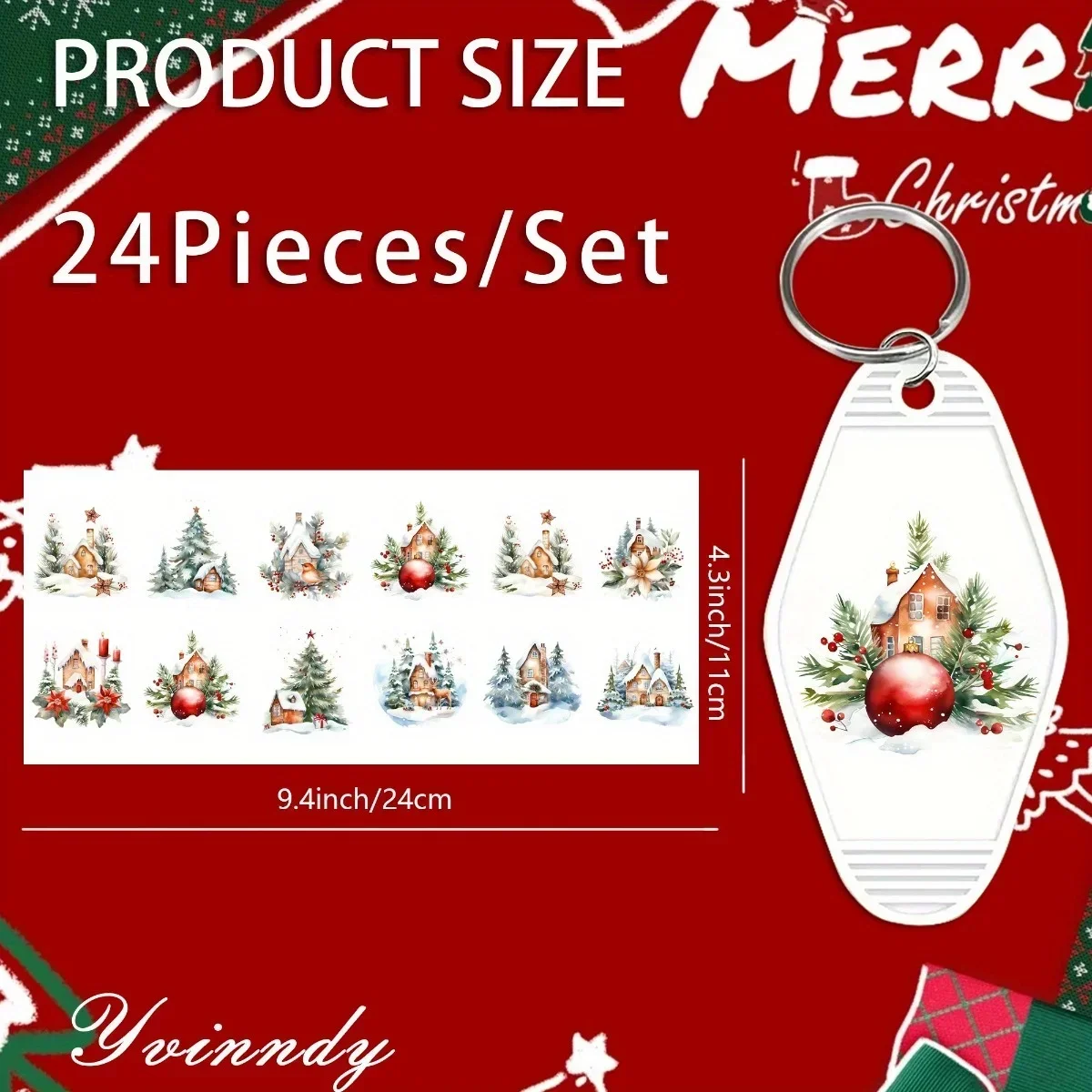 24Pcs/Set UV DTF Winter Snowscape House UV DTF Packaging Transfer Paper Waterproof Keychain Sticker For Hotel Keychains
