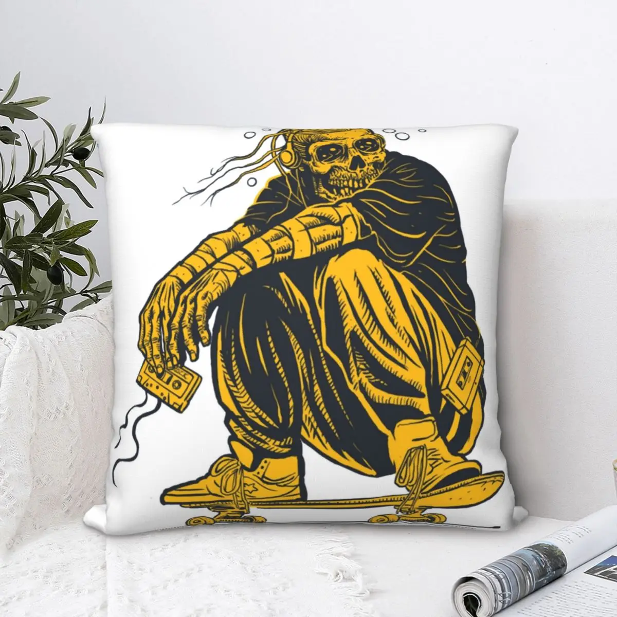 Skateboard Zombie With Cassette Tape Square Pillowcase Polyester Pillow Cover Velvet Cushion Zip Decorative Comfort Throw Pillow