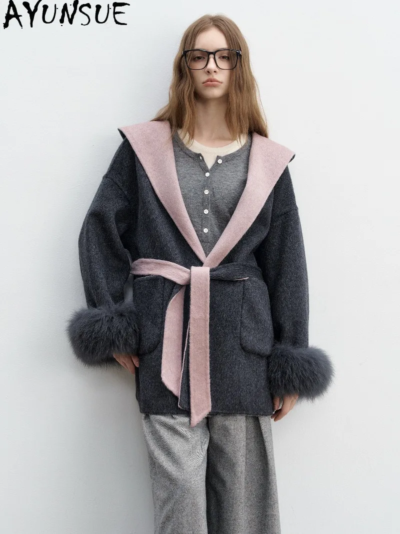AYUNSUE Hooded Reversible Double-Faced Wool Coat Womens Winter Clothes Real Fox Fur Cuffs Mid-Length Woolen Outerwear Loose Fit