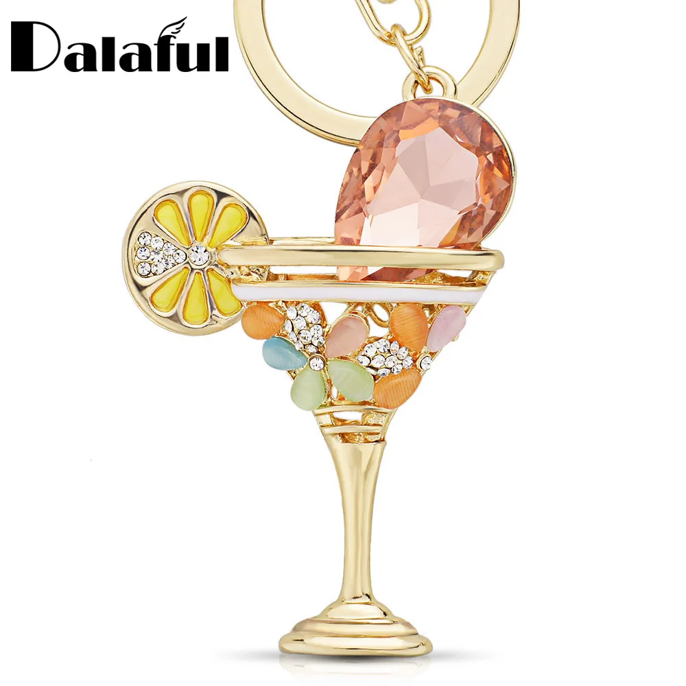 Exquisite ElegantWine Glass Cup Lemon Goblet Key Ring Chains Holder Crystal Bag Buckle Pendant For Car Keyrings KeyChains K305