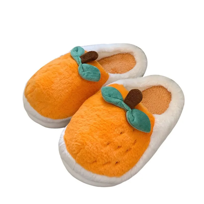 Funny Cute Orange Cotton Slippers For Women 2022 Winter Bedrooms Home Antiskid Thick Soled Warm Women Fur Shoes