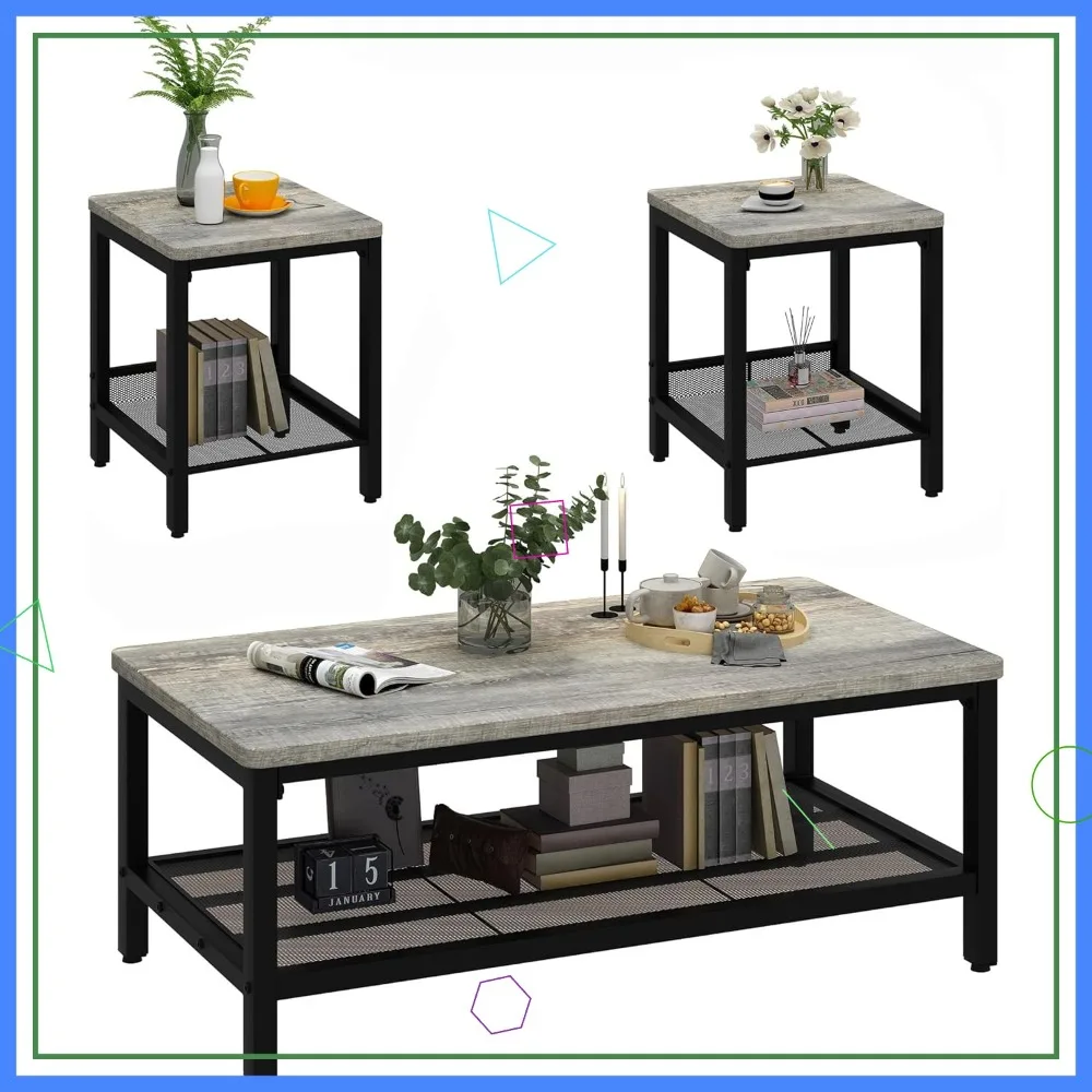

Industrial Coffee Table Set of 3 with Metal Frame, Modern Living Room Tables for Apartment Home Office, Grey