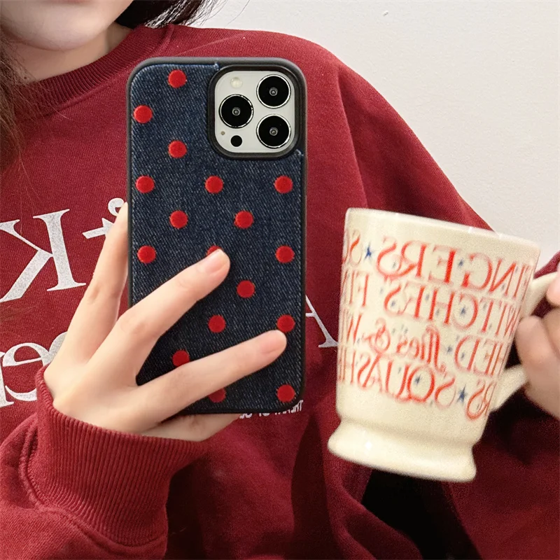 Handheld red wristband with personalized embroidery polka dot cowboy iPhone case for iPhone 13 14 15 16 pro max
