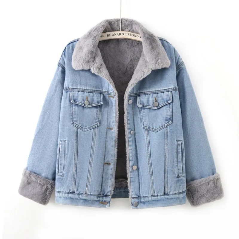 Women Plus Velvet Thickened Denim Coat 2026 Autumn Winter New Arrival Loose Match Lamb Fur Warm Cotton‑Padded Jacket Outerwear