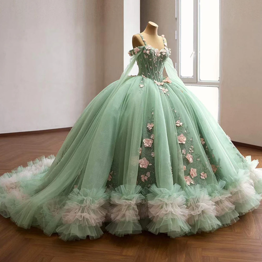 Light Green Vestidos de Quinceañera With Shawl 3D Flower Sweetheart Ball Gown Ruffle Bottom Quinceanera Evening Dress