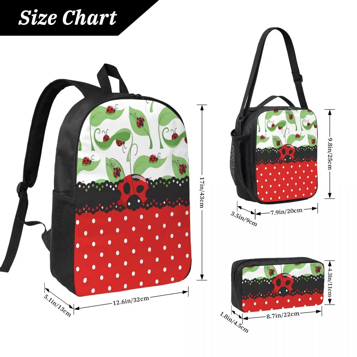 Cute Ladybug And Red White Polka Dots Backpack Student BookBag School Bag Shoulder Bags 3ps Insulated Lunch Bag Pencil Case