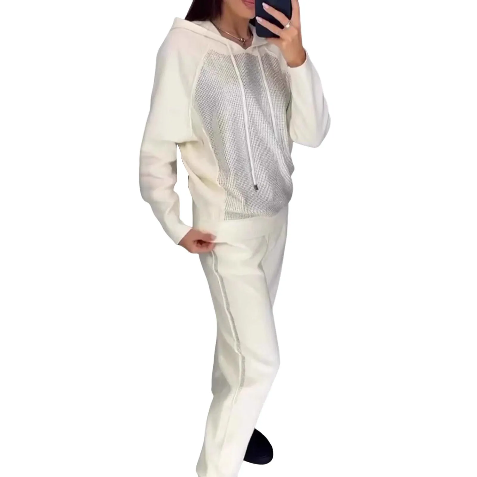 Fashion Diamonds Patchwork Women's Suits Sport Drawstring Hooded Sweatshirt and Long Pants Sets 2025 Vestidos Leisure Sportswear