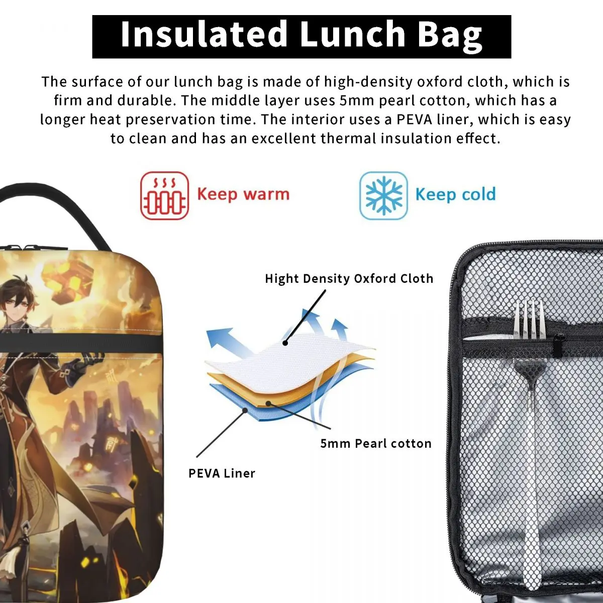 Zhongli-Bolsa de almuerzo aislada Genshin Impact para mujeres y niños, bolsa de viaje para acampar, juego de Anime, enfriador impermeable, caja Bento térmica