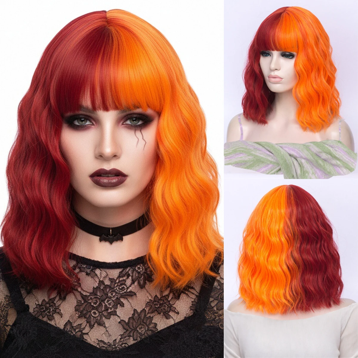 

Short Two Tone Red Orange Wig Bob Wig Synthetic Curly Wig With Bangs For Women Daily Party Cosplay Halloween Heat Resistant