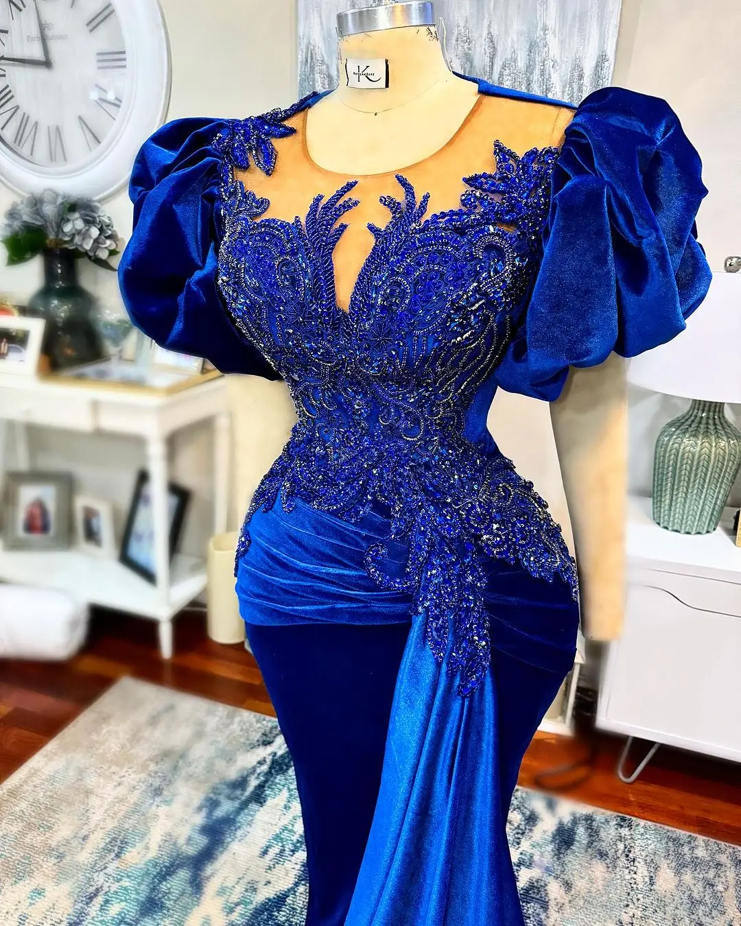 Stunning Royal Blue Velvet Asoebi Prom Dresses Luxury Beaded Puff Short Sleeve Nigerian African Wedding Party Dress Evening Gown