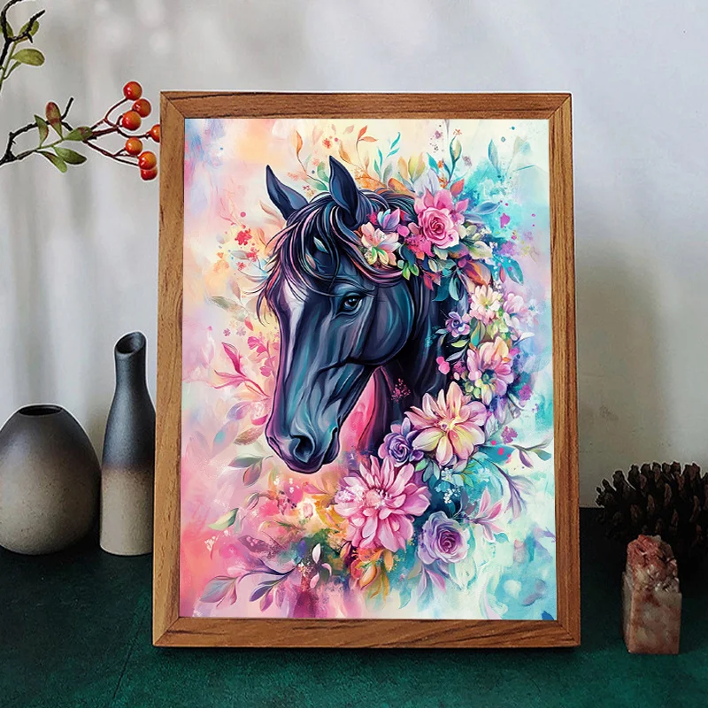 Elegant Black Horse With Pink Floral Crown DIY Diamond Painting Mosaic Handmade Artwork Round/Square Diamonds Gift Home Decor
