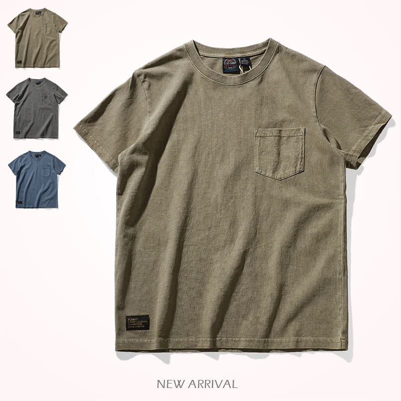 Summer New American Retro Pocket T-shirt Men's Short-sleeved Heavyweight 280g Round Neck Solid Color Simple Couple Casual Tops