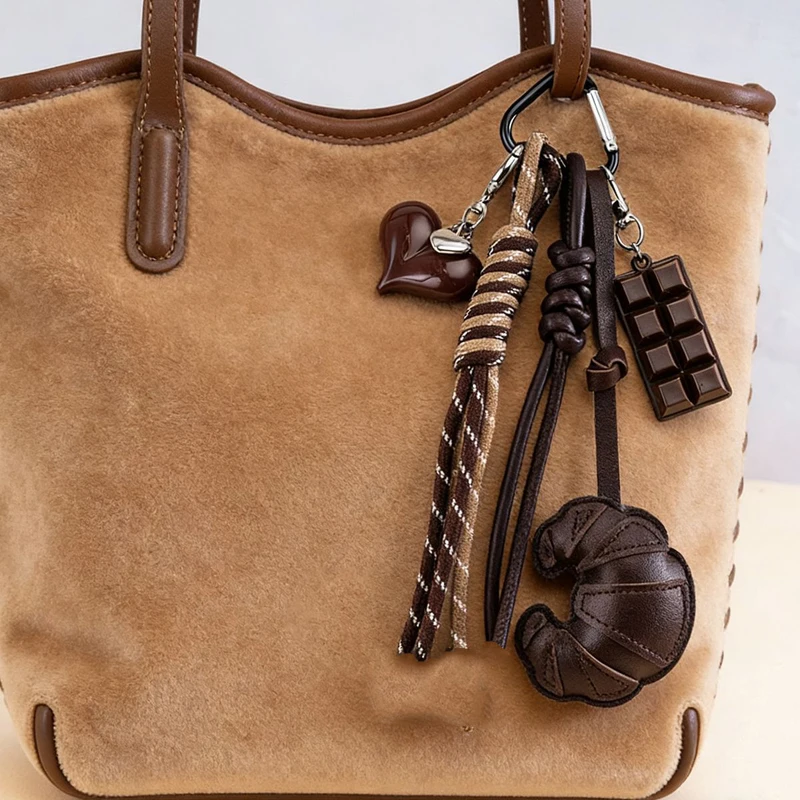 Braided Rope Croissant Keychain Bread Shape Heart Chocolate Leather Mobile Phone Lanyard Bag Pendant Unique Gift Item
