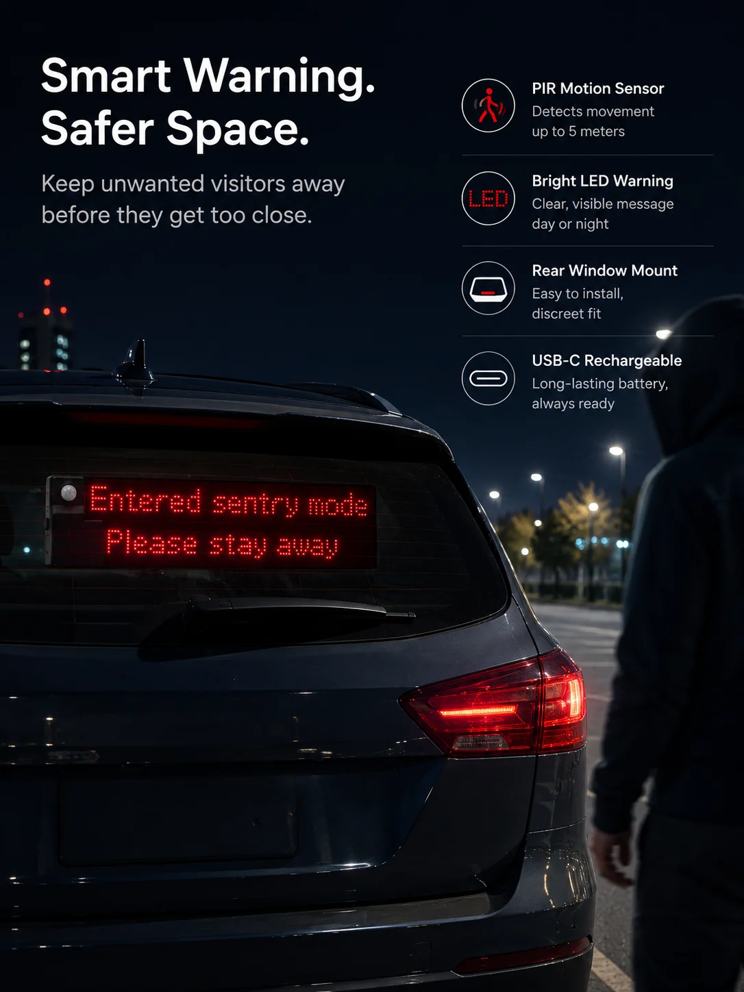 PIR Motion Sensor LED Car Warning Sign USB C Rechargeable Rear Window Safety Alert Display for Parking Vehicle Security Reminder