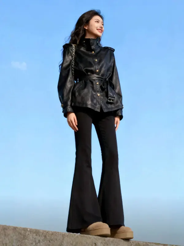 Slim Fit Bla Leather Jaet Stand Collar Waist Cinched Korean Sle Unique Design Winter Faion Outerwear for Women