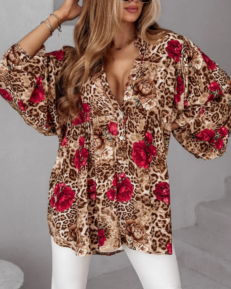 New Women Tops Colorblock Leopard Print Stand Collar Casual Blouse Lantern Sleeve Loose Fit Top Fashion Casual T-Shirt Pullover