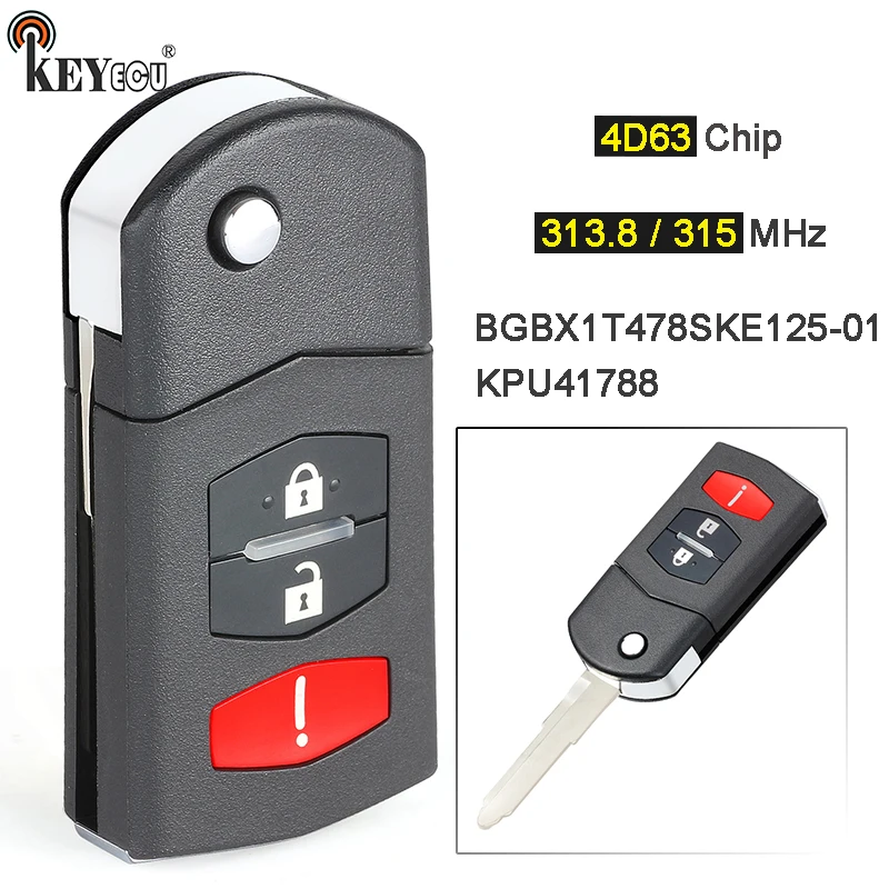 KEYECU 313.8 / 315MHz 4D63 KPU41788 BGBX1T478SKE125-01 Flip Smart Remote Key Fob for Mazda 2 3 5 CX-7 CX-9 Speed 3 MX-5