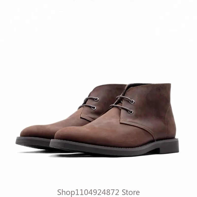 Handcrafted Vintage Men Work Boots Genuine Leather Lace-Up Outdoor Hiking Desert Boots British-Style Business Ankle Boots