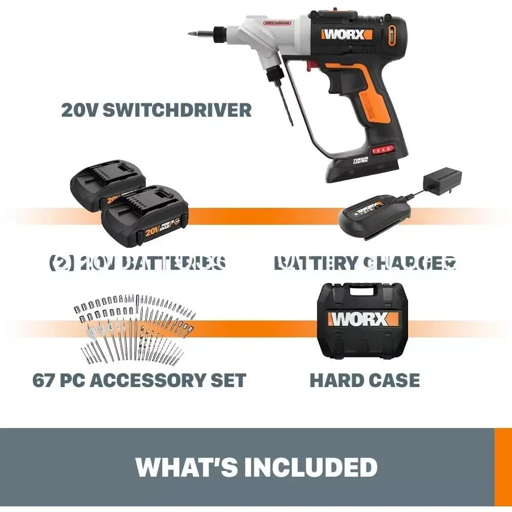 Worx WX176L.1 20V Power Share Switchdriver 2-in-1 Cordless Drill & Driver with 67pc Kit Cordless Drill Power Tools Electric Tool