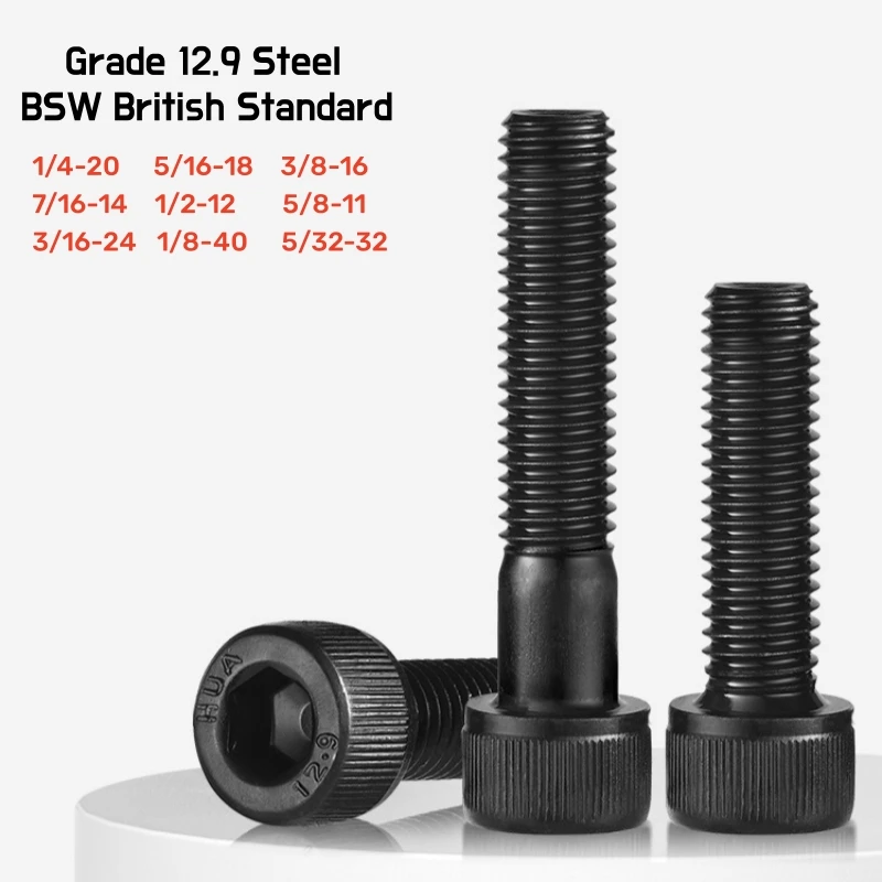 Grade 12.9 Steel BSW British Standard Hexagon Hex Socket Head Cap Screws Allen Bolts 1/4 5/16 3/8 7/16 1/2 5/8 3/16 1/8 5/32