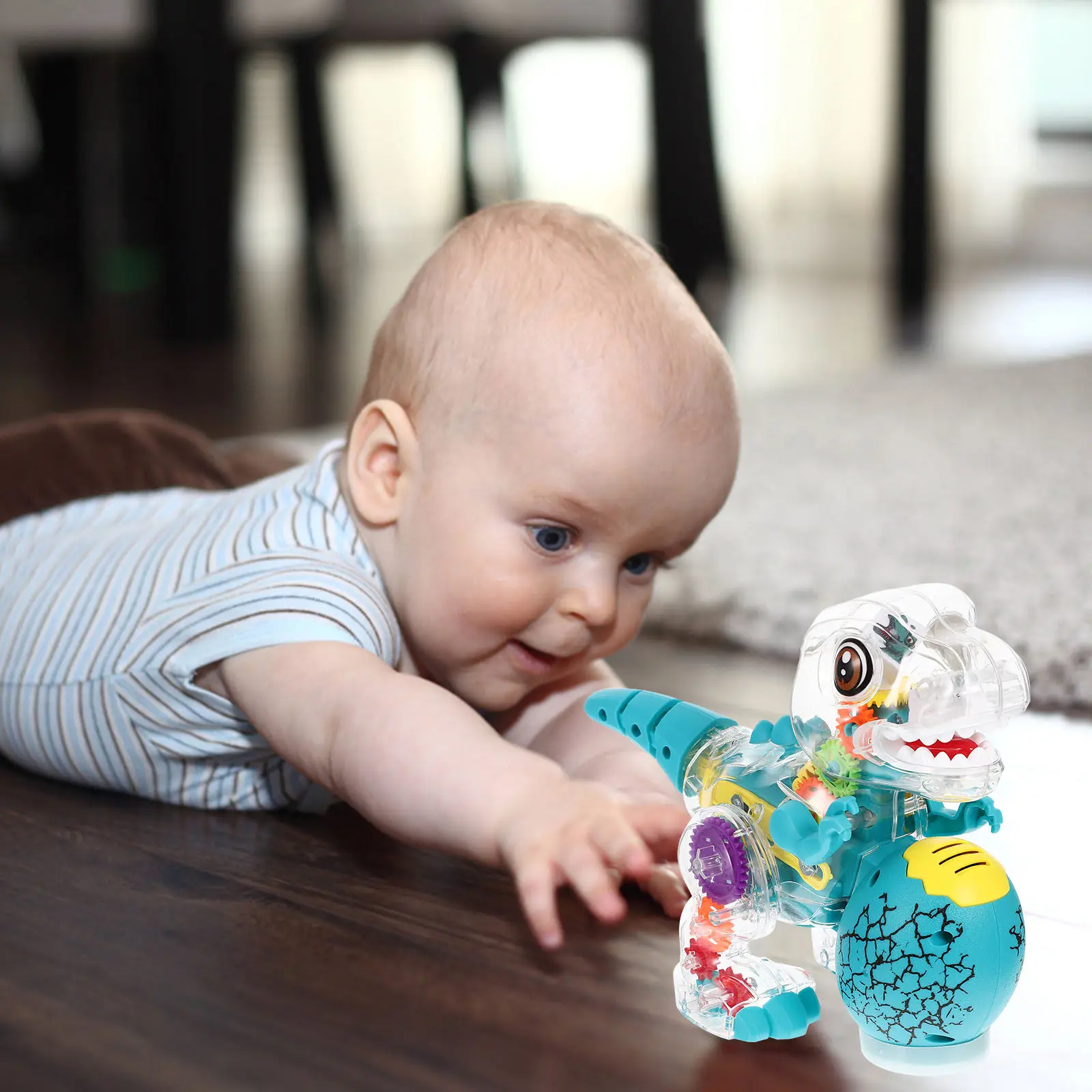 

Walking Electric Dinosaur with Transparent Shell Gear Movement Light Turn Function Educational