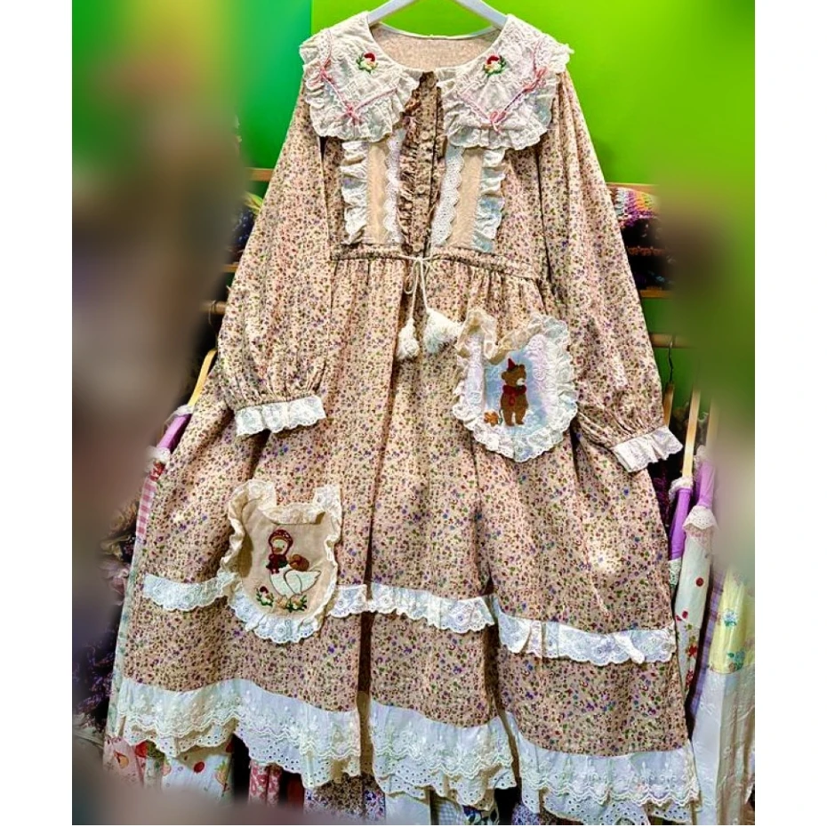 

Autumn Cotton Ruffed Lace Sweet Bow Lolita Patchwork Midi Dress for Women Mori Girl Kawaii Japanese Harajuku Rococo Long Dress