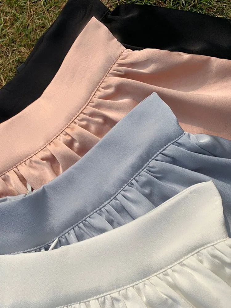 ピンクのサマーラッフルサテンケーキスカート、女性用ハイウエストカジュアルボールガウン、スイートショートスカート