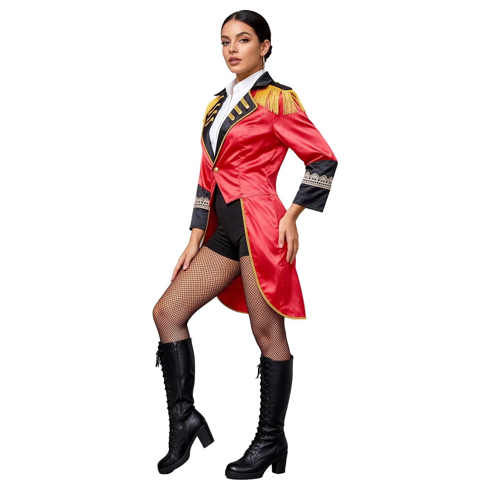 Women Long Sleeve Satin Circus Ringmaster Magician Tailcoat Jacket Coat for Halloween Carnival Theme Party Stage Performance