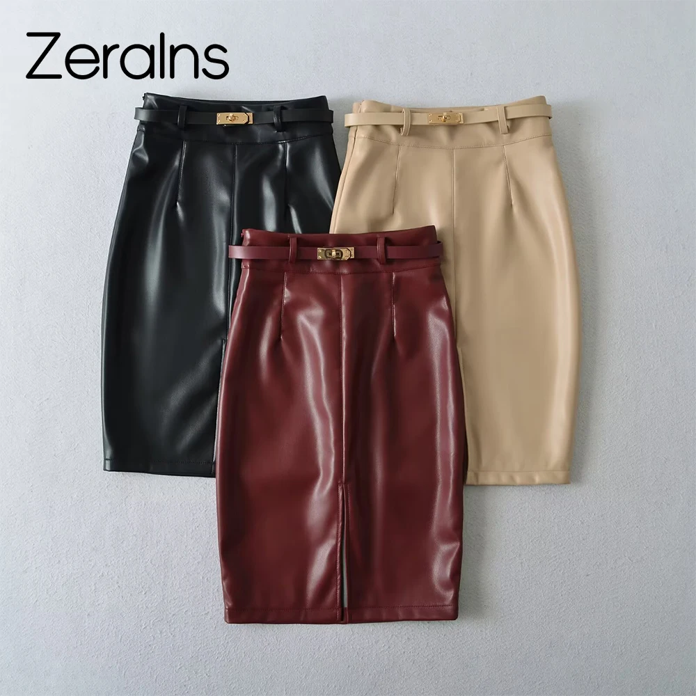 

ZERAINS Sexy figure front split legs long hip hugging skirt spicy girl slim fit high waist PU leather short skirt