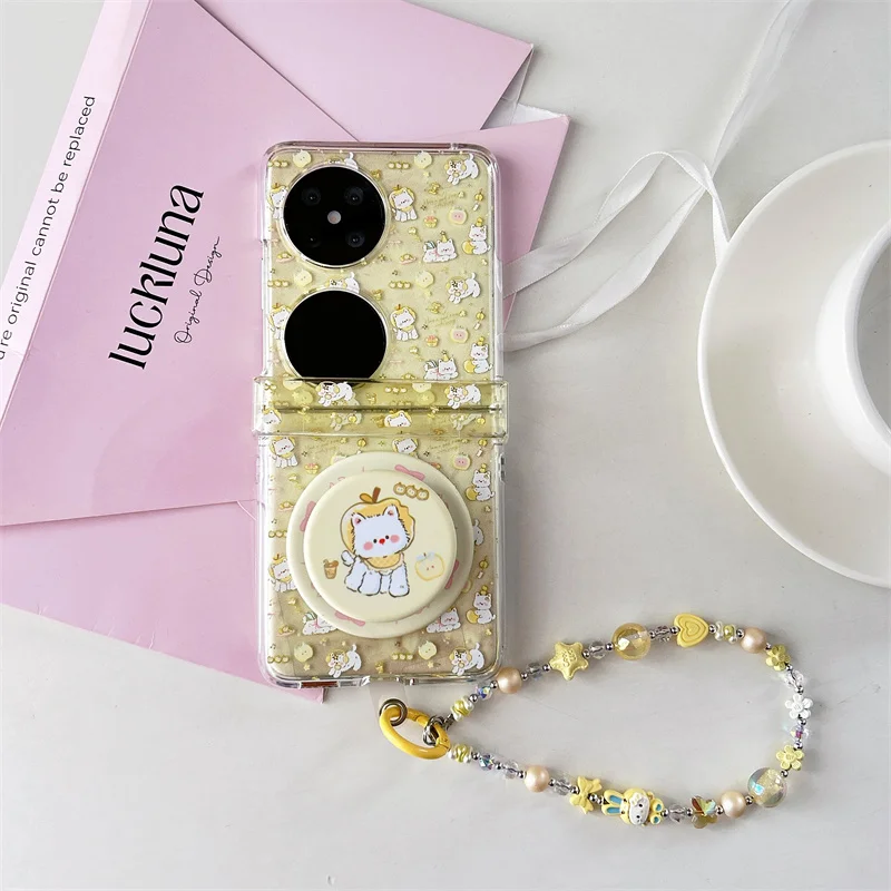 Cute Kawaii Hello Kitty Phone Case with Rhinestone Mirror Beaded Lanyard For Samsung Galaxy Z Flip 7 6 5 Plaid Star Foldable Pro
